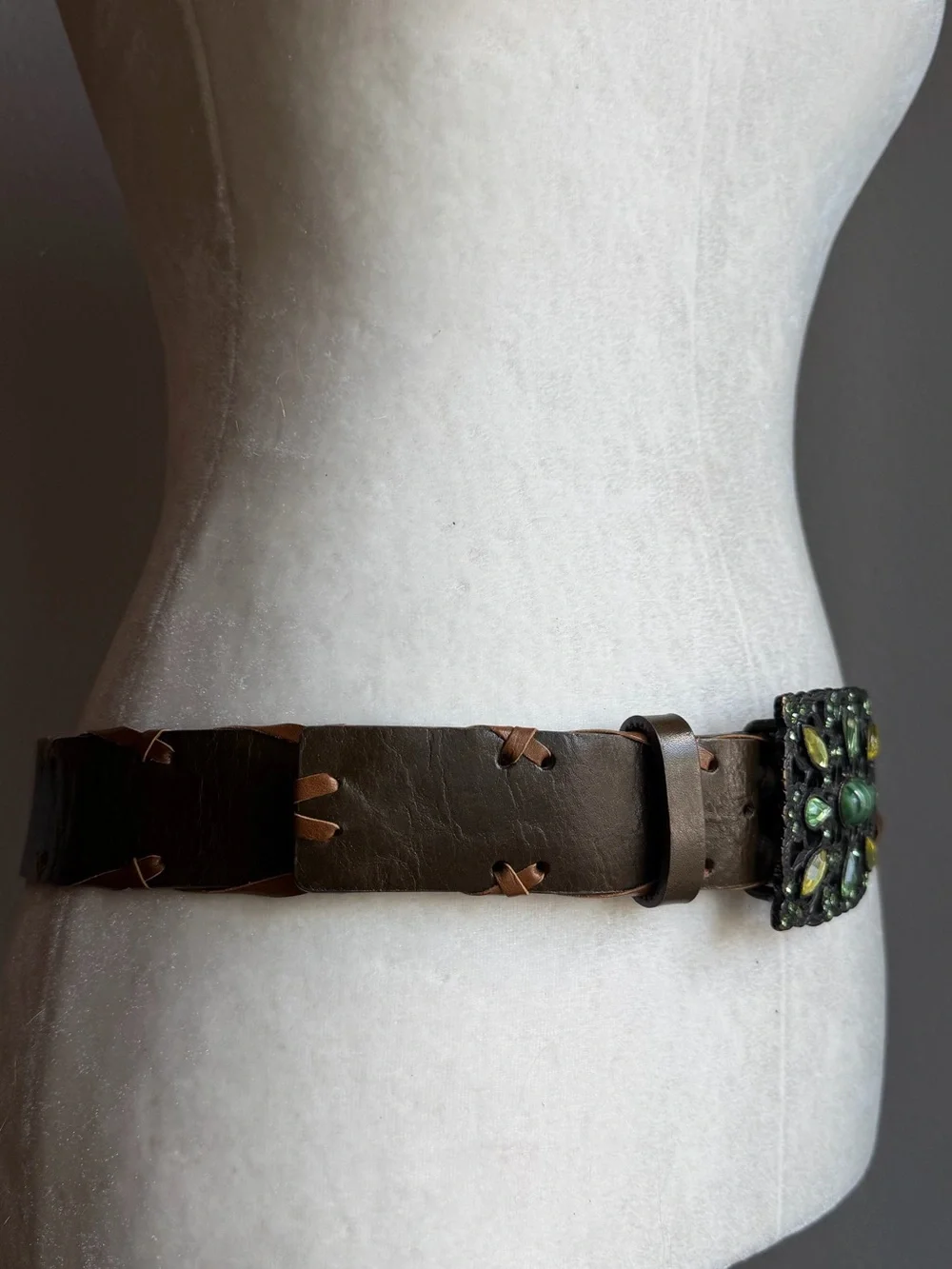 Vintage Brown Belt Green Jeweled Statement Buckle Boho Western Cottage
